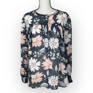 Loft Gray Floral Blouse‎ Womens M Button Up Casual Career Office Long Sleeve